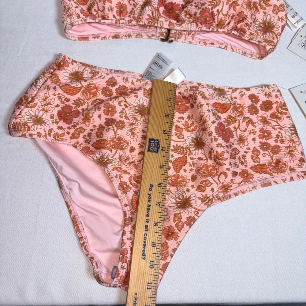 Billabong Bikini Set Medium Pink Floral NEW High Waist Ribbed Retro Rose Set